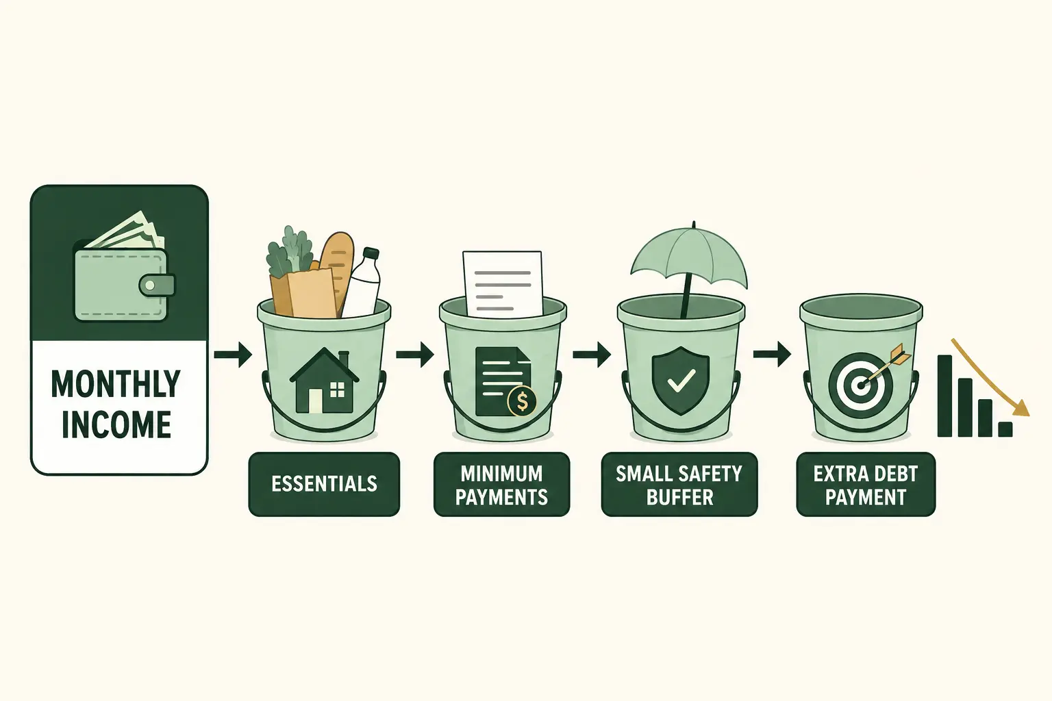 Debt repayment budget flow from income to essentials, minimum payments, safety buffer, and an extra debt payment