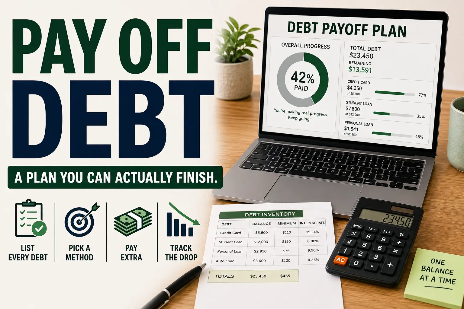 Debt payoff plan showing balances, progress, and four debt reduction steps