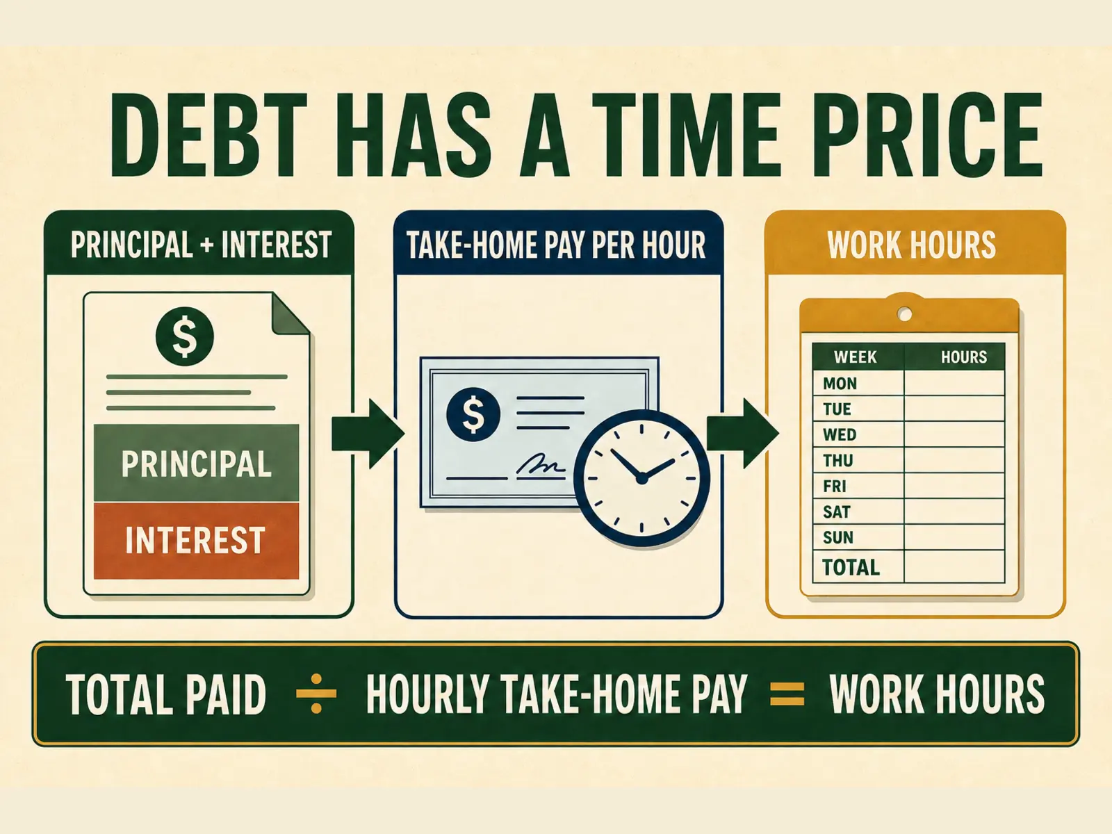 Infographic showing principal plus interest divided by hourly take-home pay equals the work hours needed to repay debt