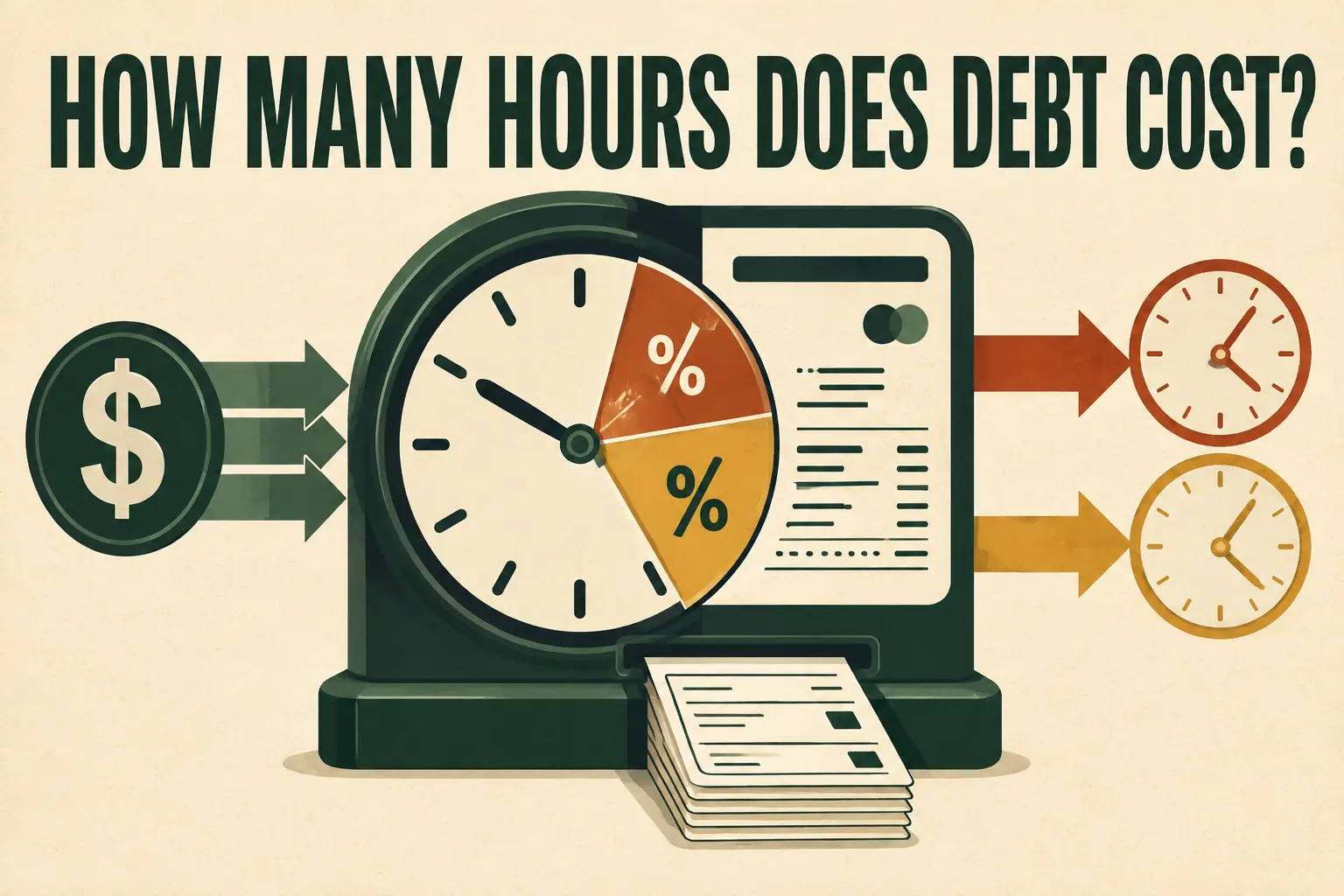 Time clock and debt statement showing how principal and interest convert into work hours