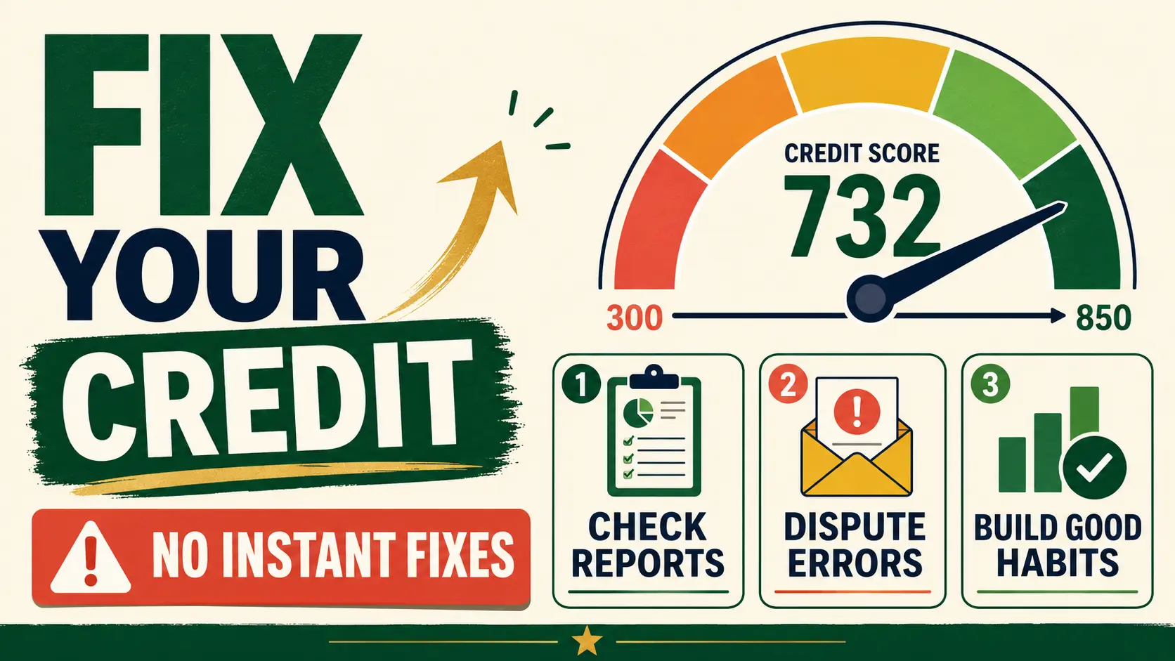 Credit repair checklist showing reports, disputes, healthy habits and scam warnings