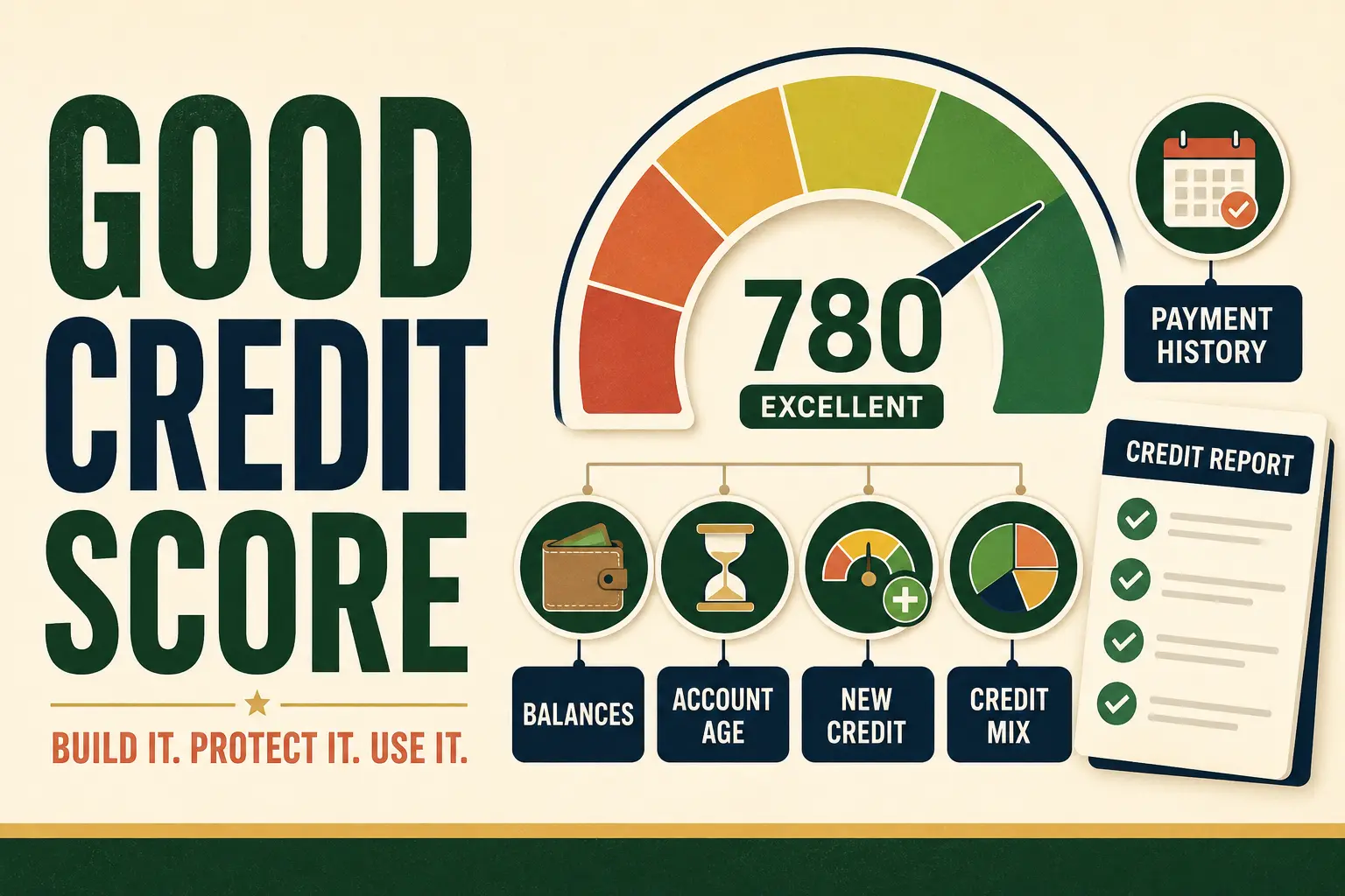 Good credit score guide showing a 780 score gauge and the five main credit factors