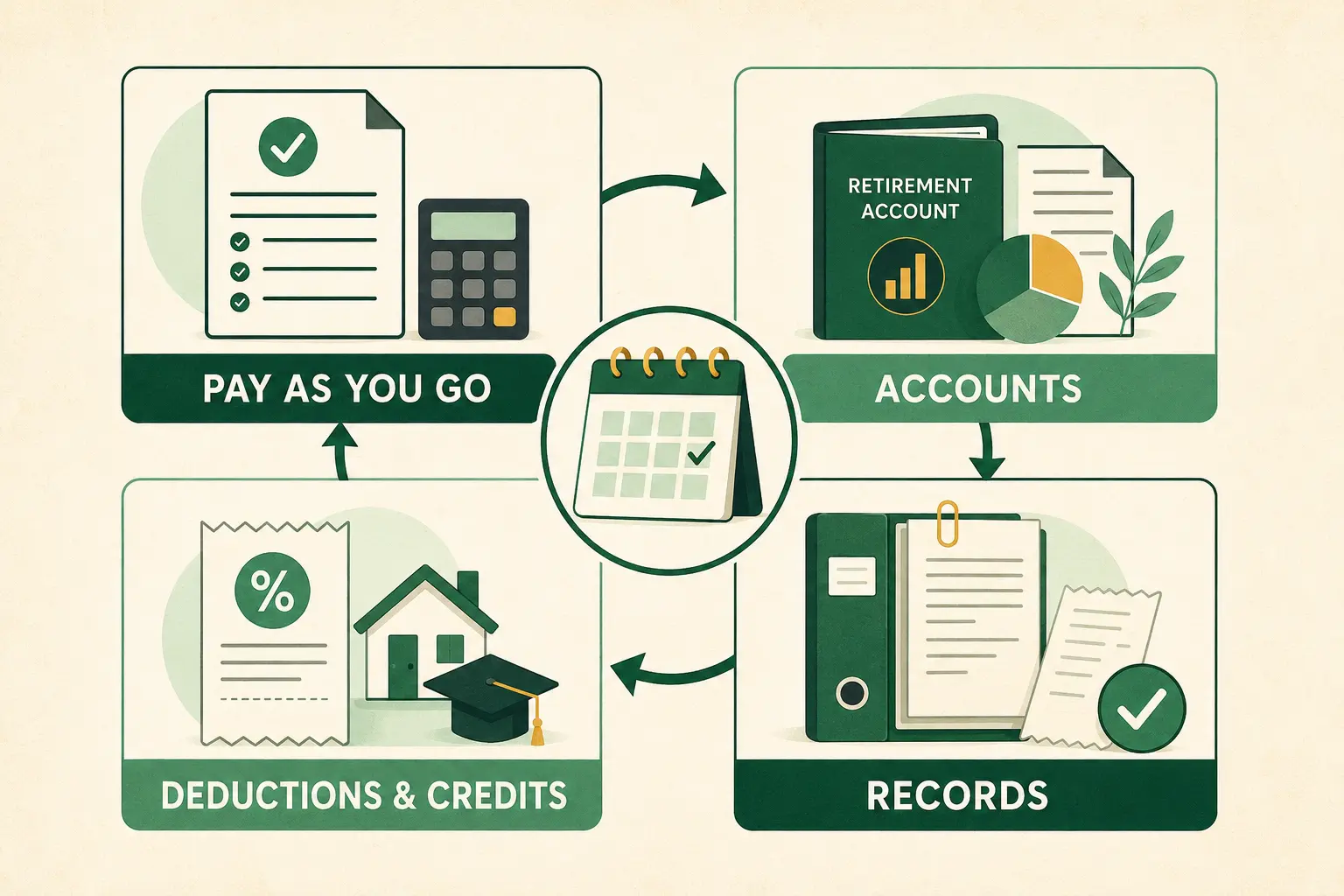Four-part 2026 tax planning check covering payments, accounts, deductions and credits, and records