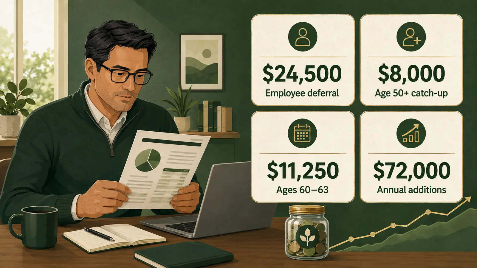 401(k) contribution limits for 2026: $24,500 employee deferral, $8,000 catch-up, $11,250 ages 60 to 63, and $72,000 annual additions