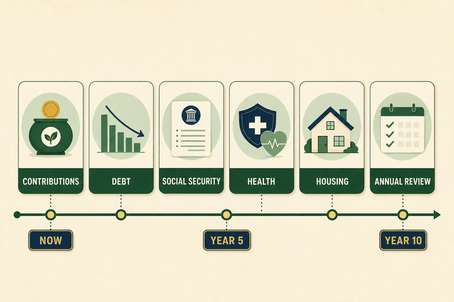 10-year financial planning timeline for contributions, debt, Social Security, health, housing, and annual reviews