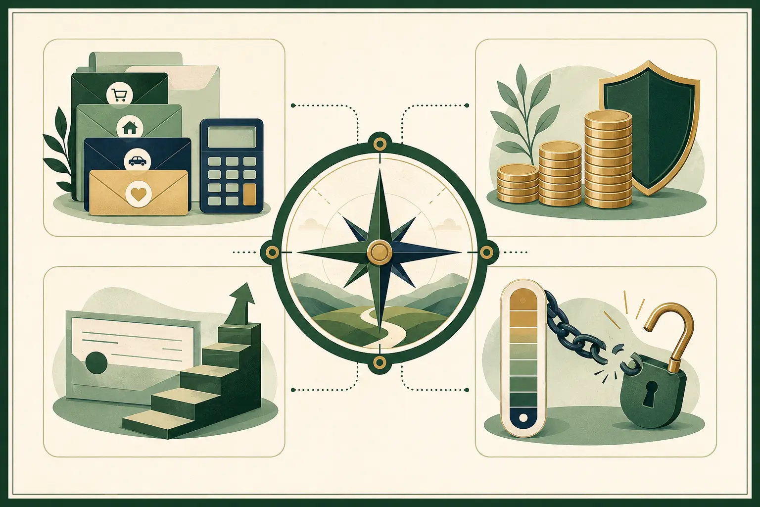 Money guidance infographic with budgeting, savings, earning and debt reduction around a financial compass