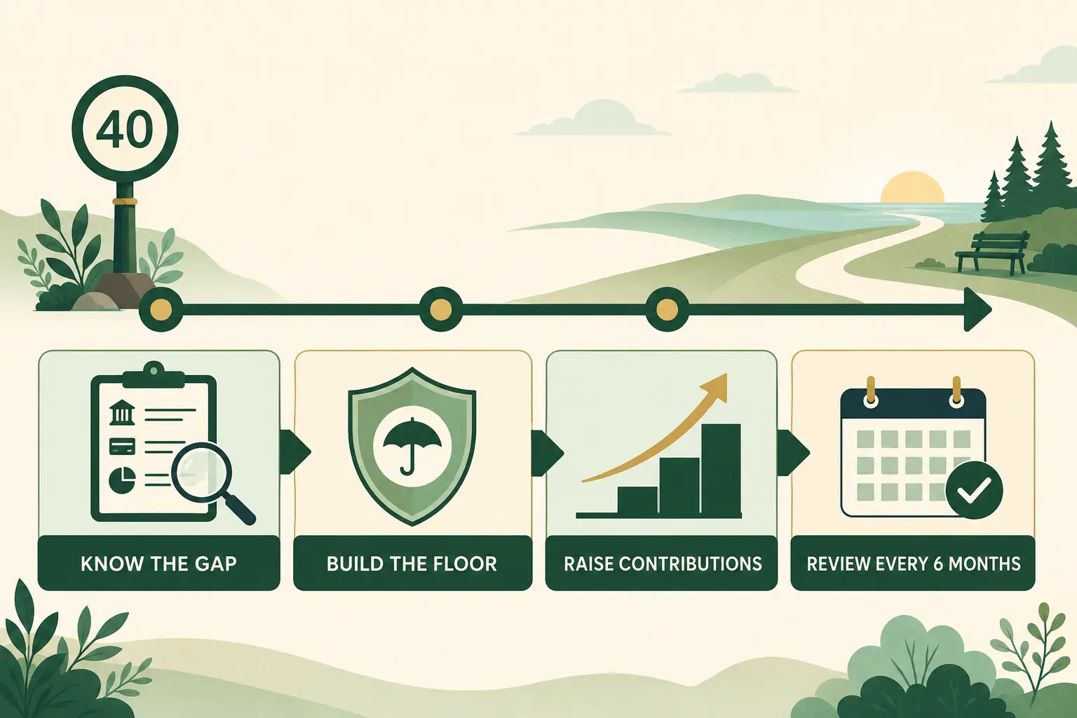 Age 40 retirement catch-up path with steps to know the gap, build the floor, raise contributions, and review every six months