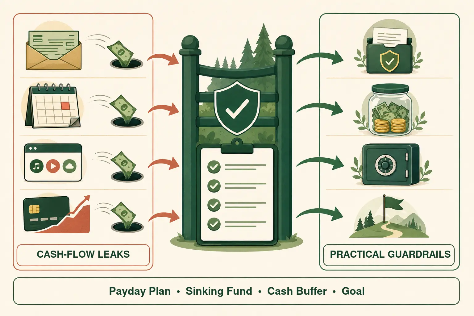 MoneyBucket cash-flow graphic showing common money leaks and practical guardrails for bills, savings, subscriptions, and debt