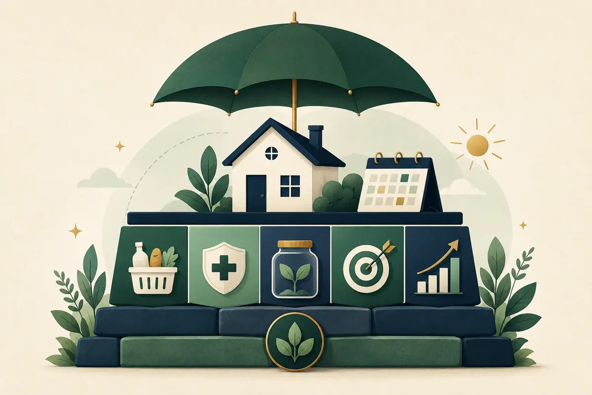 A stable long-term budget foundation with recurring costs, emergency savings, future goals and steady growth