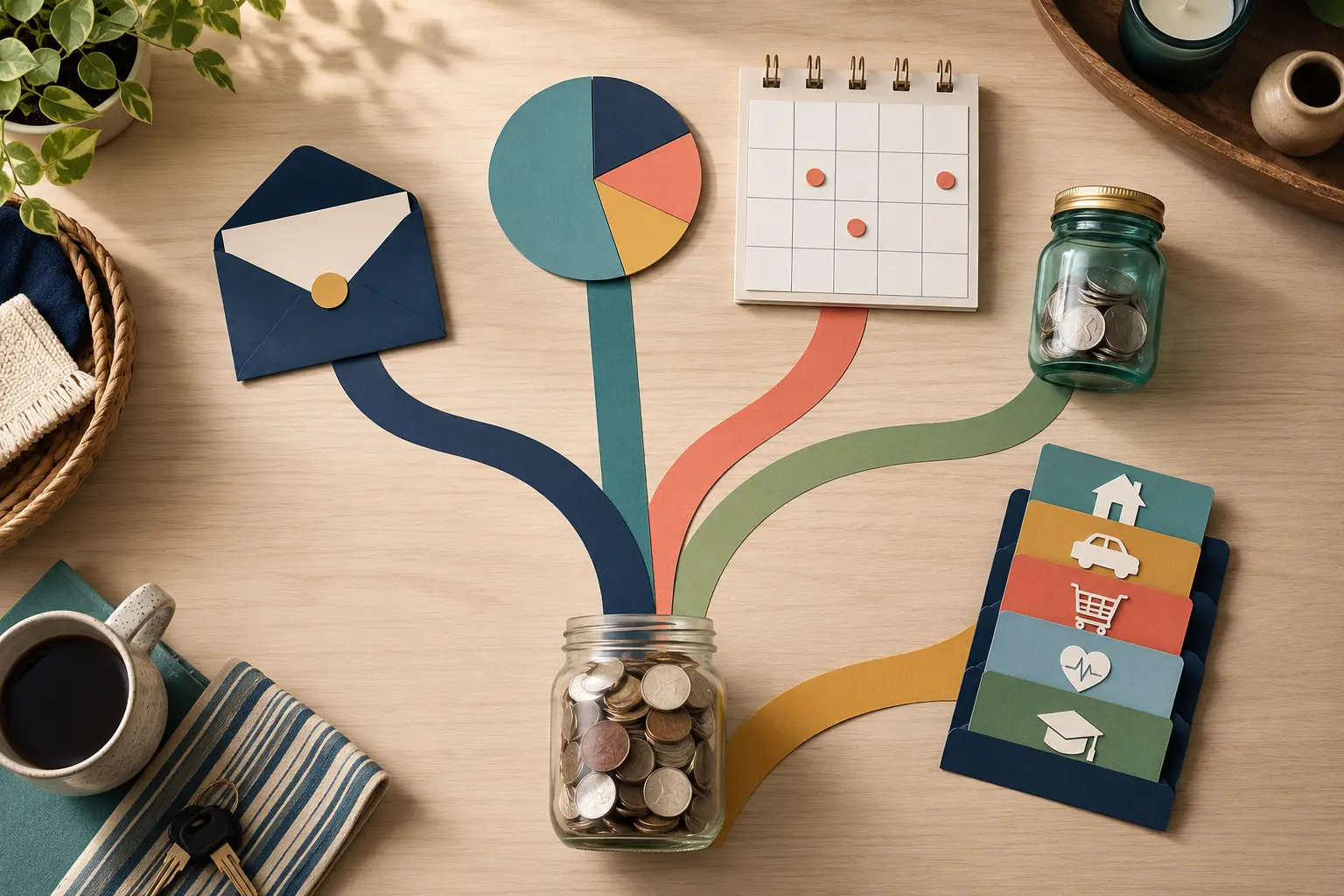 Paper paths connect an envelope, spending chart, bill calendar, savings jars, and household expense cards