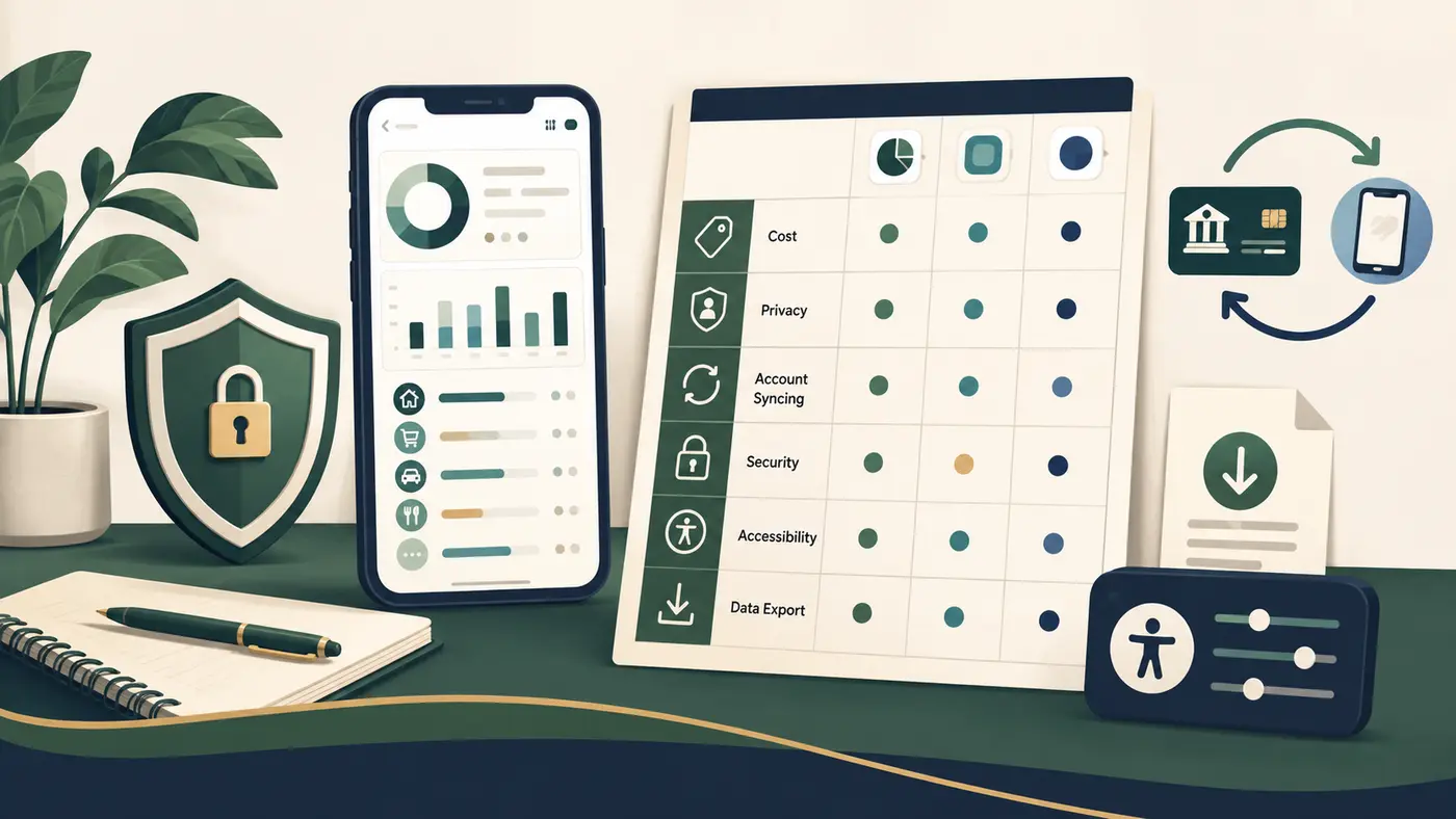 Budgeting app comparison for cost, privacy, account syncing, security, accessibility and data export