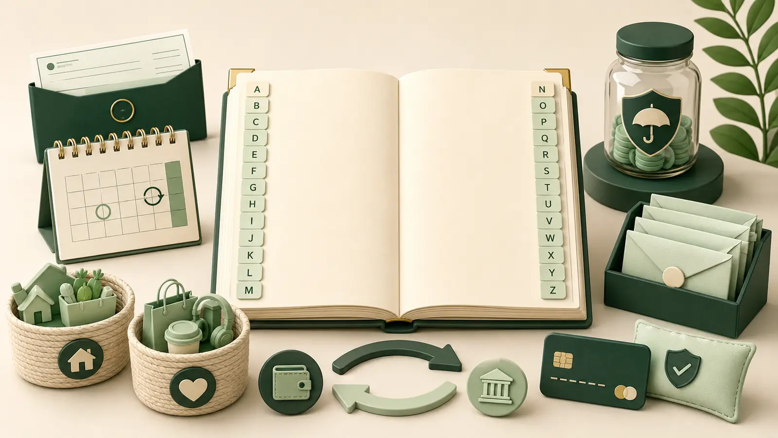 Alphabetized household budgeting glossary with calendar, emergency savings, categories, and payment planning