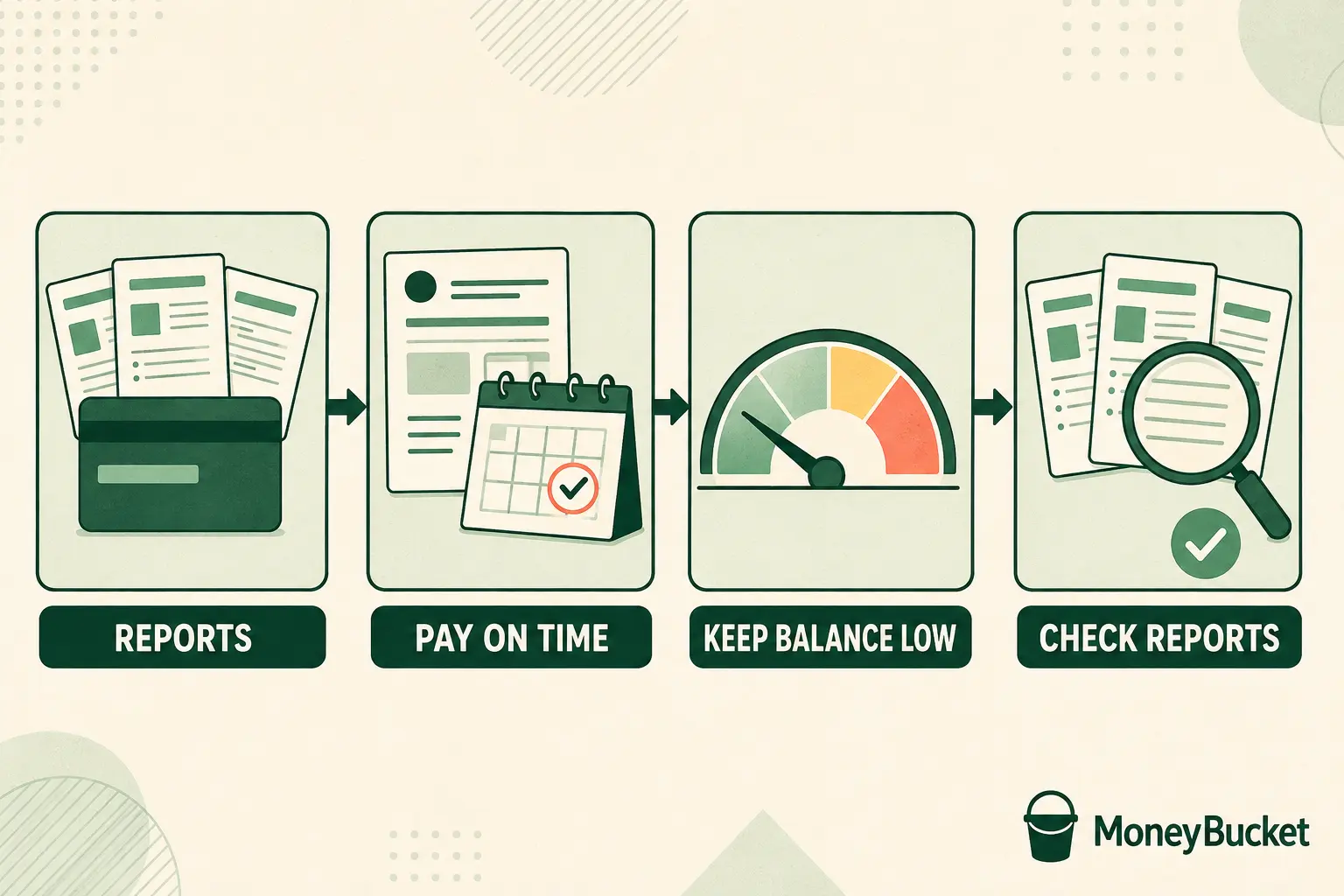 Four-step credit-building plan showing issuer reporting, on-time payment, low balance and credit report review