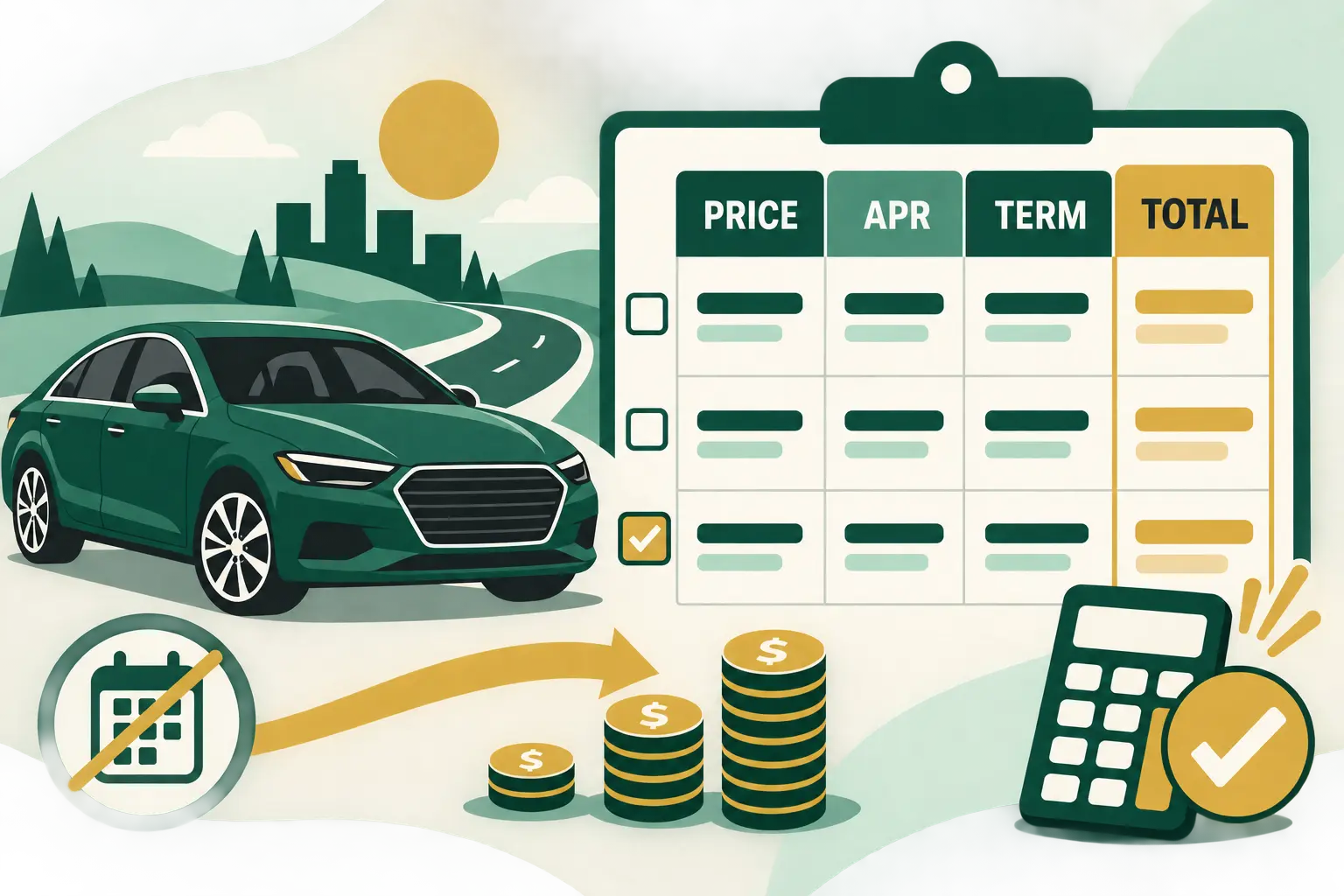 Car beside a comparison sheet with price, APR, term and total columns