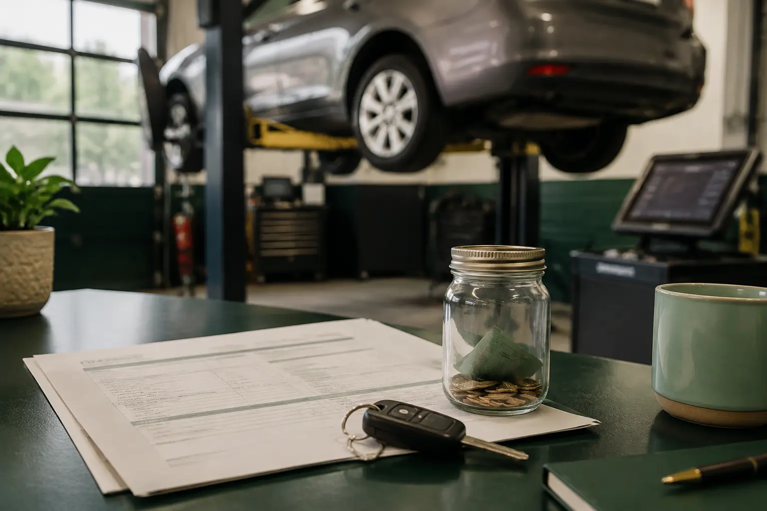 Car on a repair lift behind a written estimate, car key, and small emergency savings jar