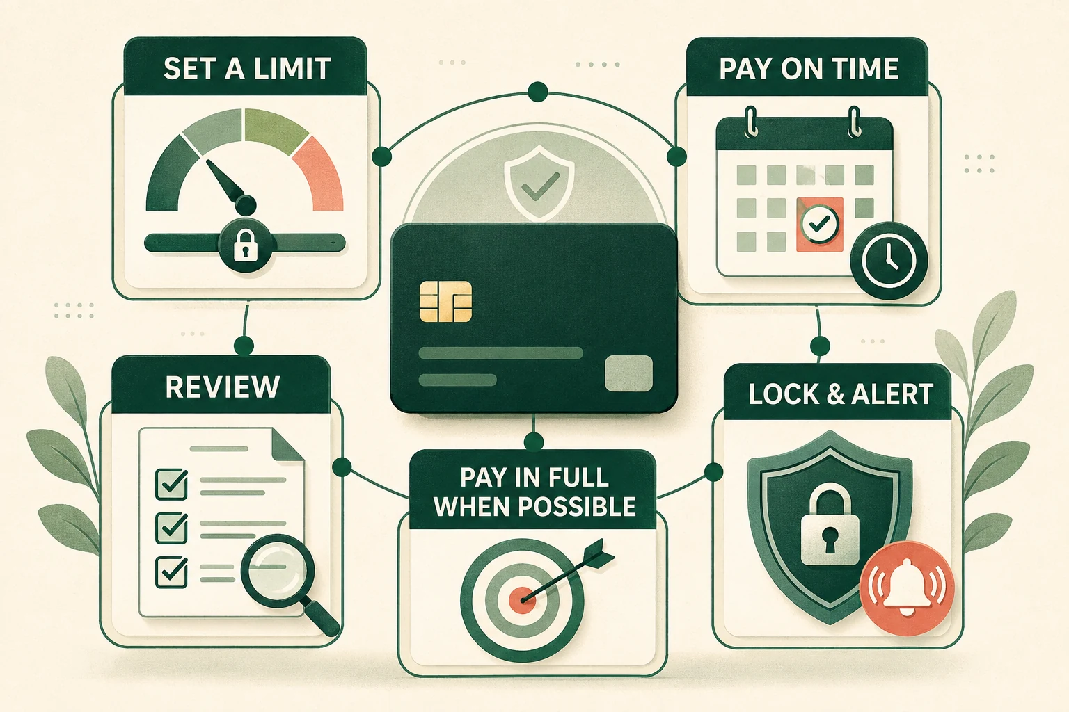 Responsible credit card use guardrails for spending limits, due dates, statement reviews, full payments and fraud alerts