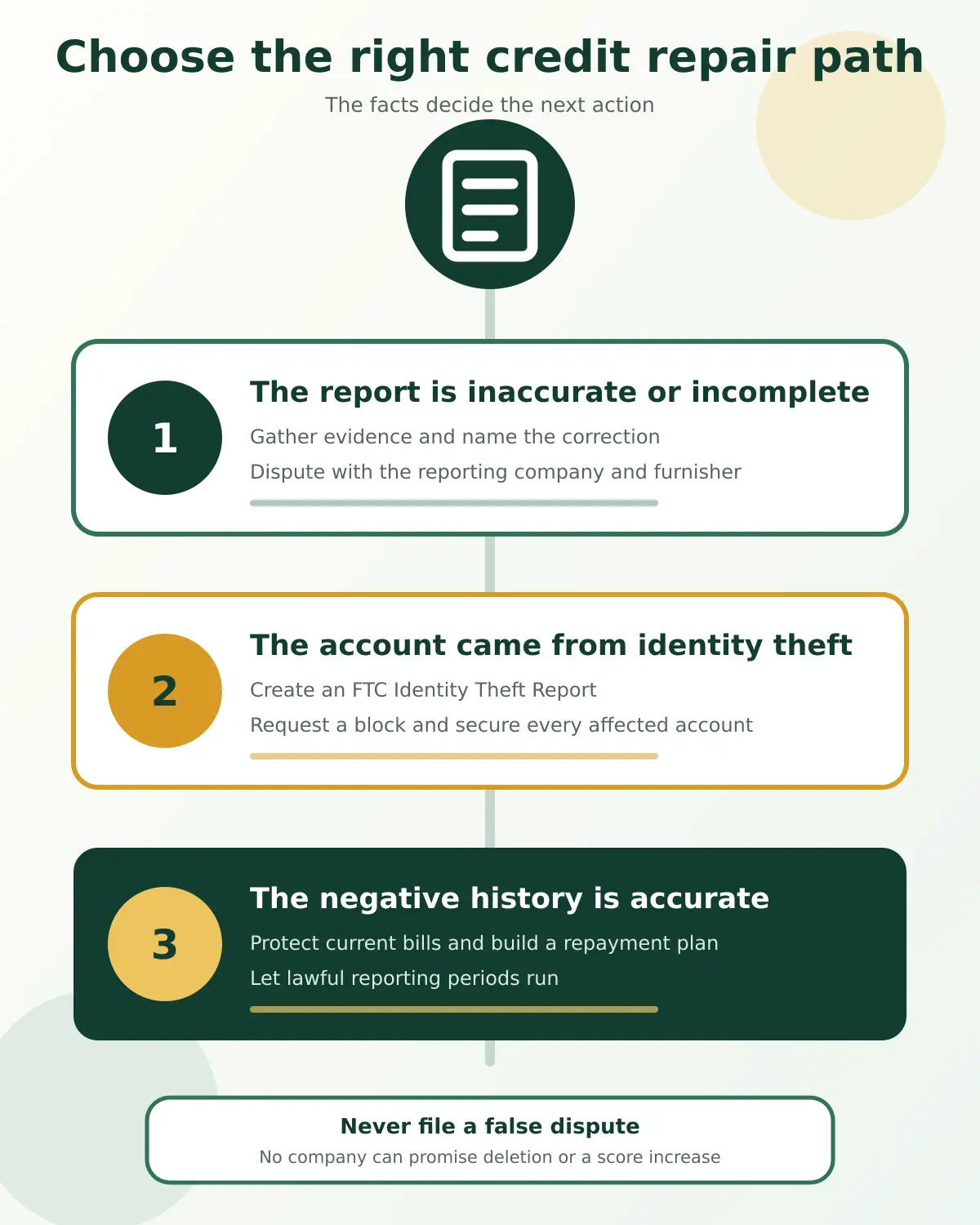 Three credit repair paths for report errors, identity theft, and accurate negative history