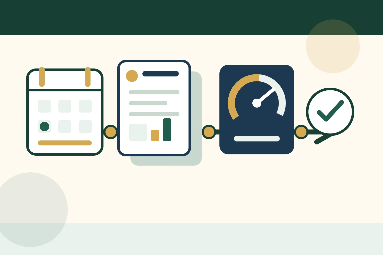 A calendar, credit report pages, balance bars, and a score gauge connected by a four-step path
