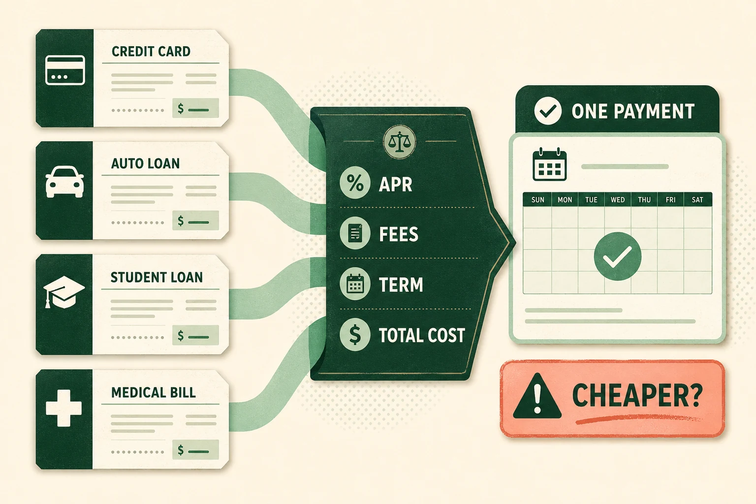 Debt consolidation comparison showing APR, fees, loan term and total cost before choosing one payment