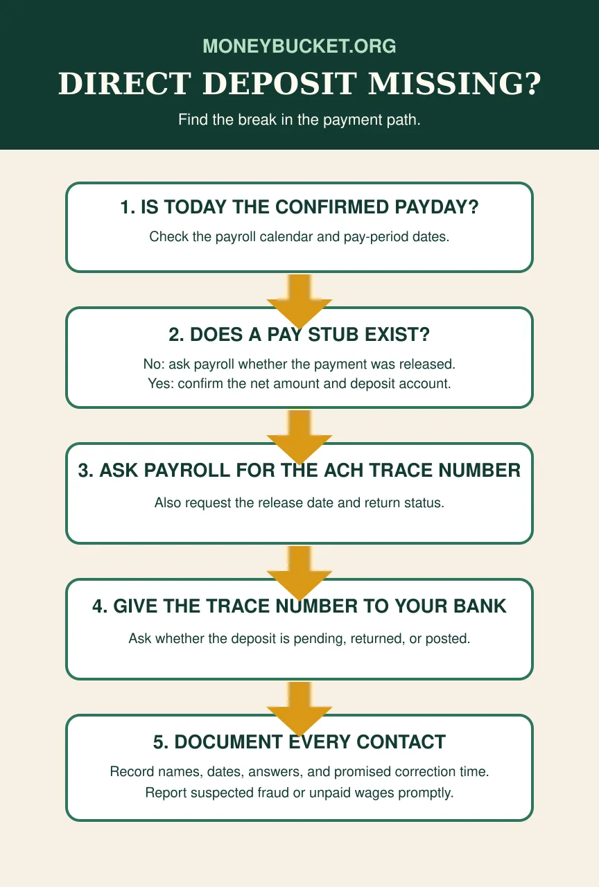 Decision tree showing whether payroll sent a missing direct deposit, whether the bank returned it, and when to request an ACH trace number