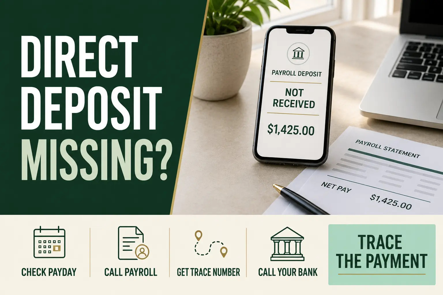 Missing direct deposit guide showing a payroll status screen, bank app, and four-step paycheck trace