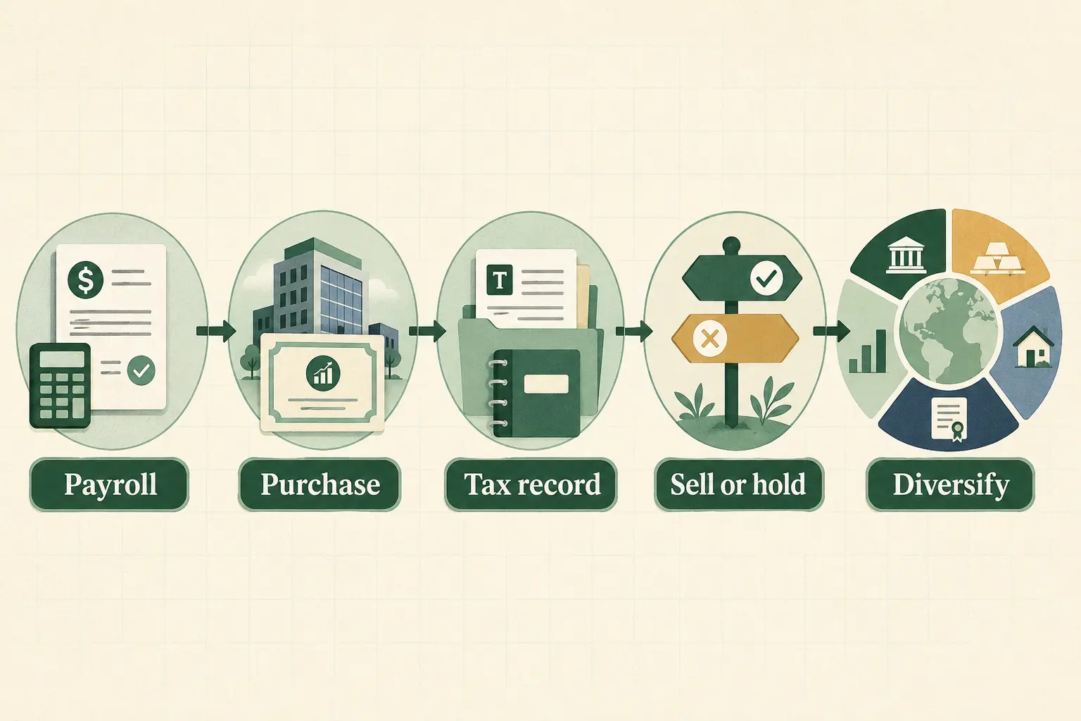 MoneyBucket employee stock purchase plan flow showing purchase, taxes and company-stock concentration risk