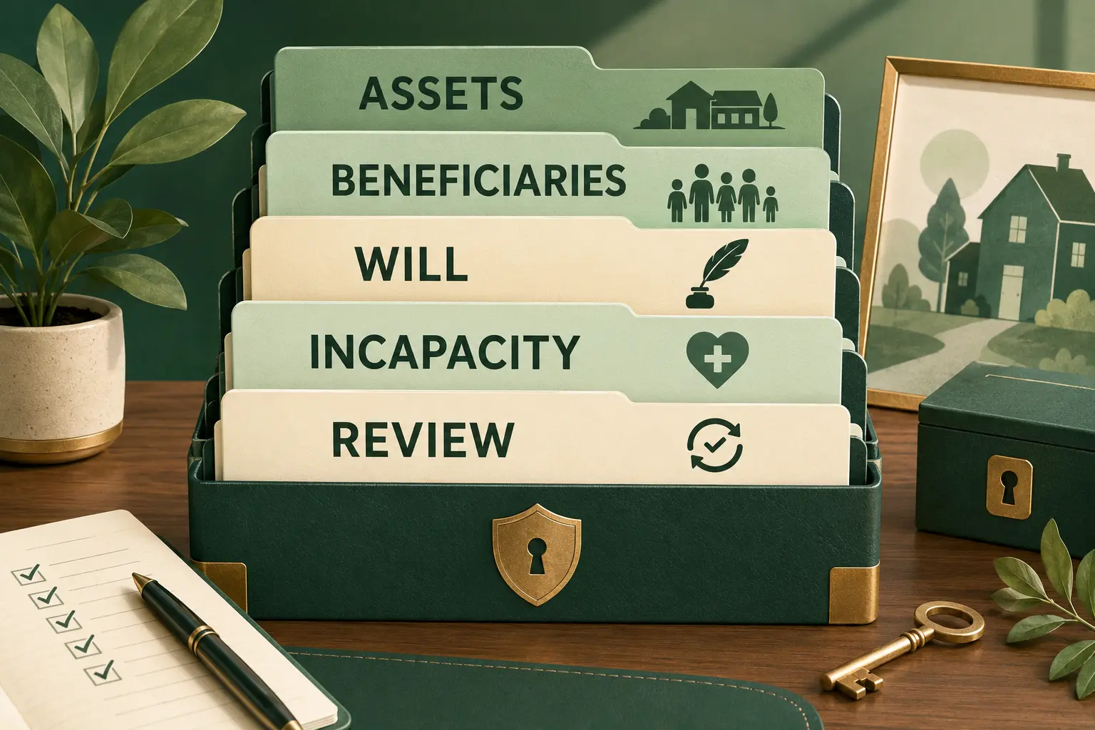 Estate planning file with folders for assets, beneficiaries, will, incapacity and review