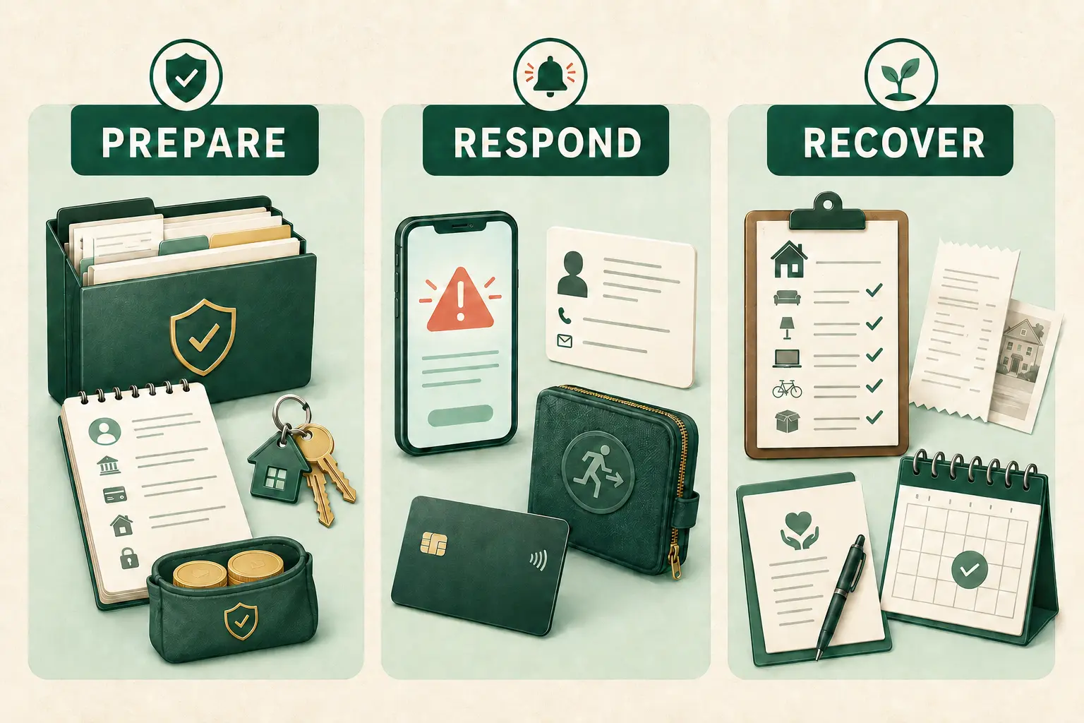 Three-stage financial disaster preparedness plan showing protected records, emergency response tools and a recovery checklist