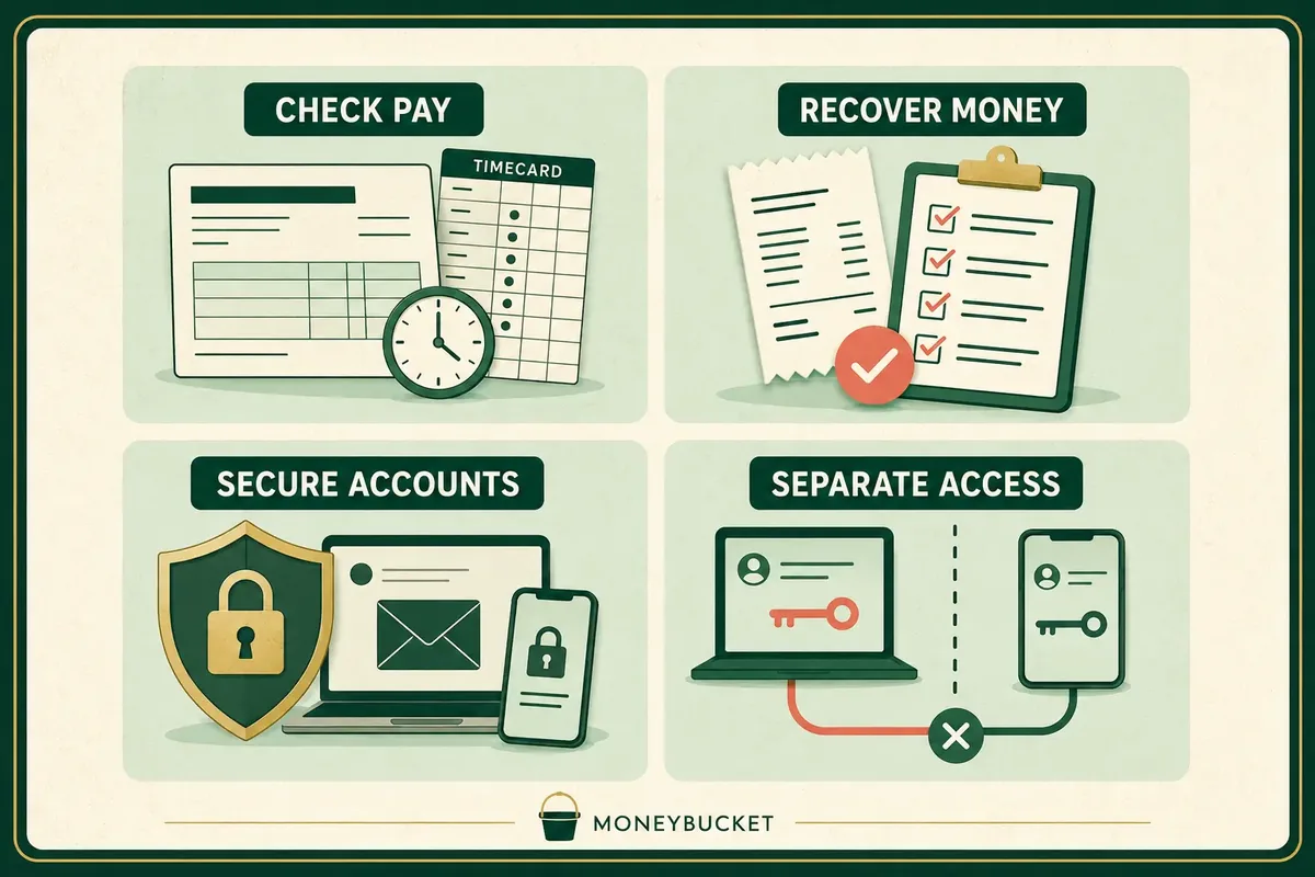 Four MoneyBucket tools for checking pay, recovering money, securing accounts and separating access