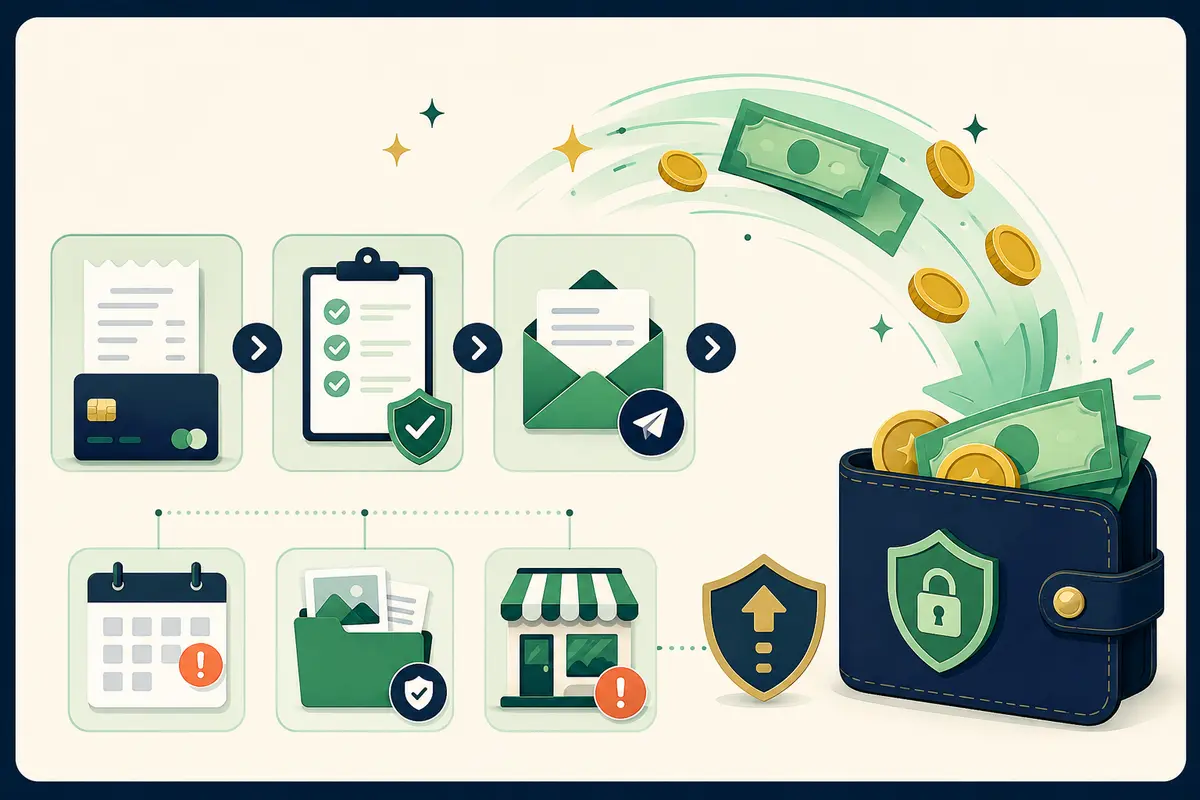 Refund and charge dispute plan moving from a receipt and evidence checklist to money returned to a protected wallet