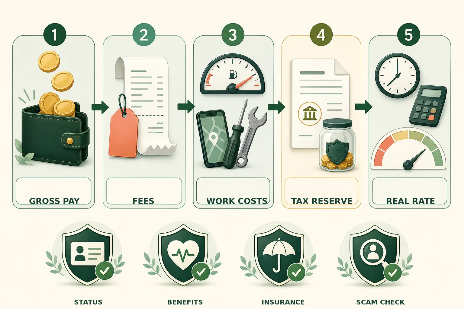 MoneyBucket gig-work flow showing gross pay reduced by fees, work costs, taxes, and unpaid time to estimate real hourly pay