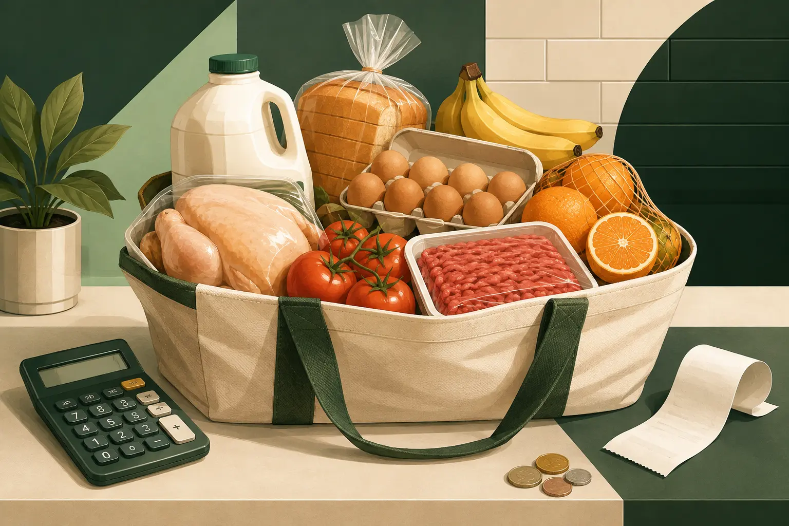 Grocery basket with milk, bread, eggs, bananas, oranges, tomatoes, chicken, and ground beef beside a calculator, blank receipt, and coins
