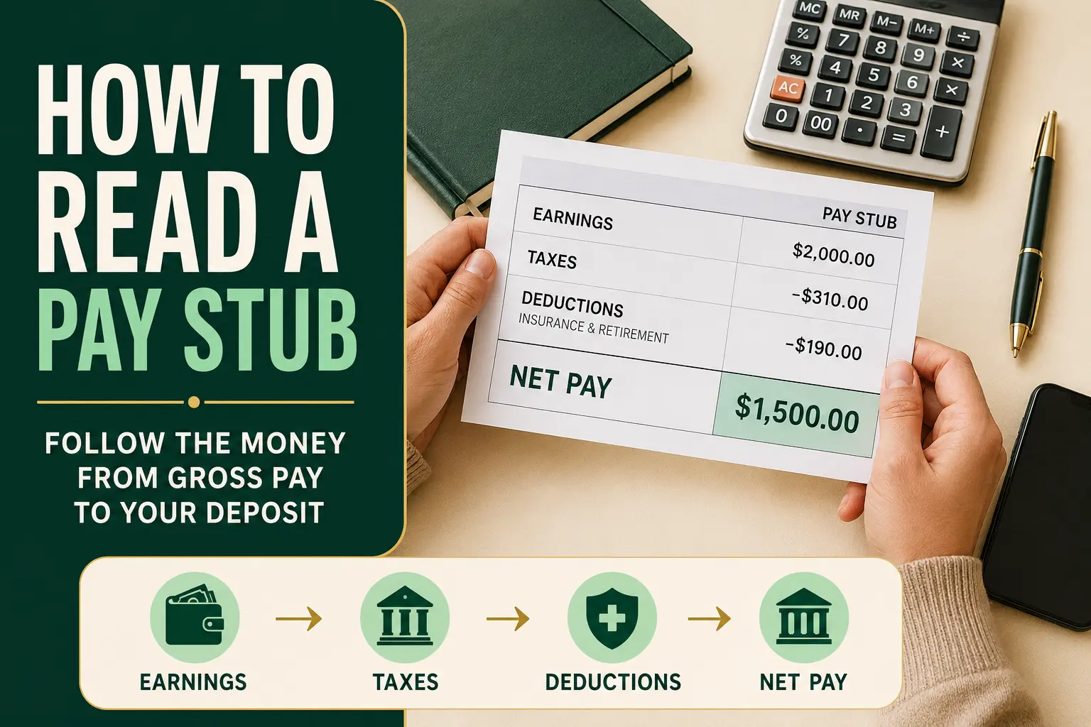 Pay stub with earnings, taxes, deductions, and net pay highlighted for review