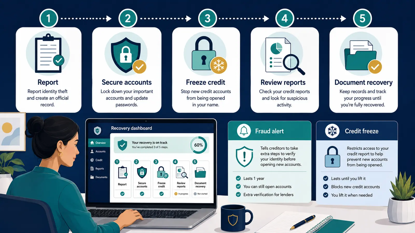 Five-step identity theft recovery sequence comparing a fraud alert with a credit freeze