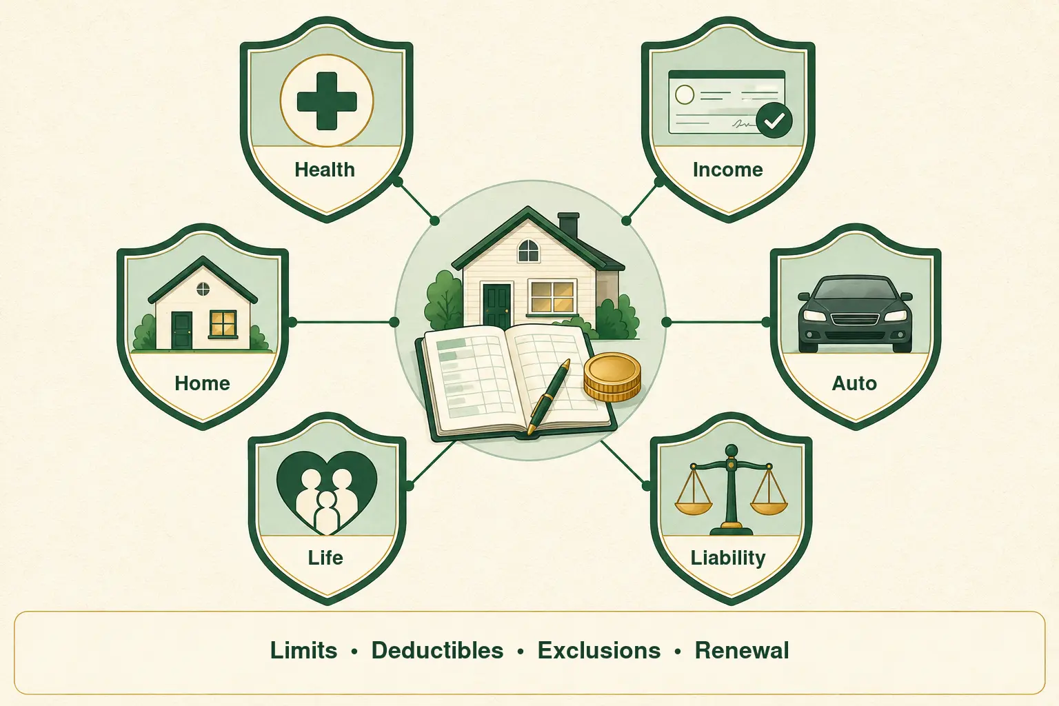 MoneyBucket insurance check showing health, income, home, auto, life, and liability coverage around a household financial plan