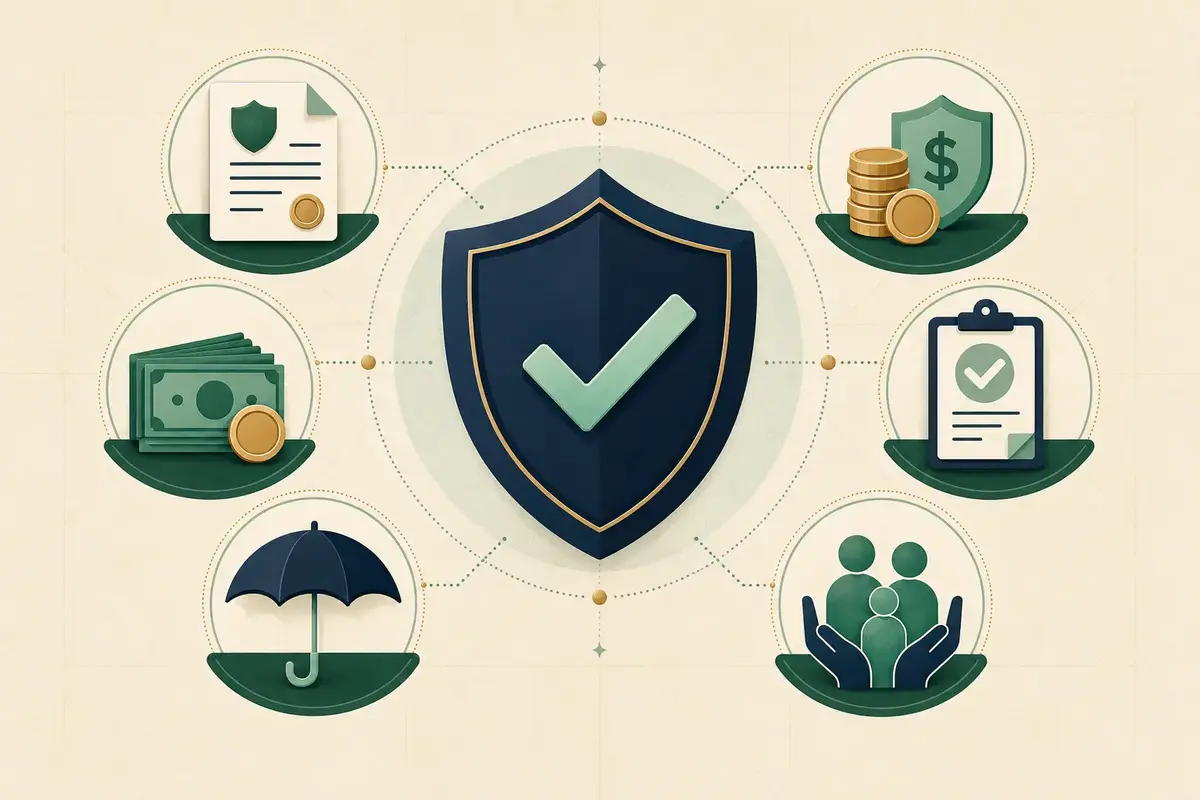 Insurance coverage concepts including policy, premium, deductible, claim and protection