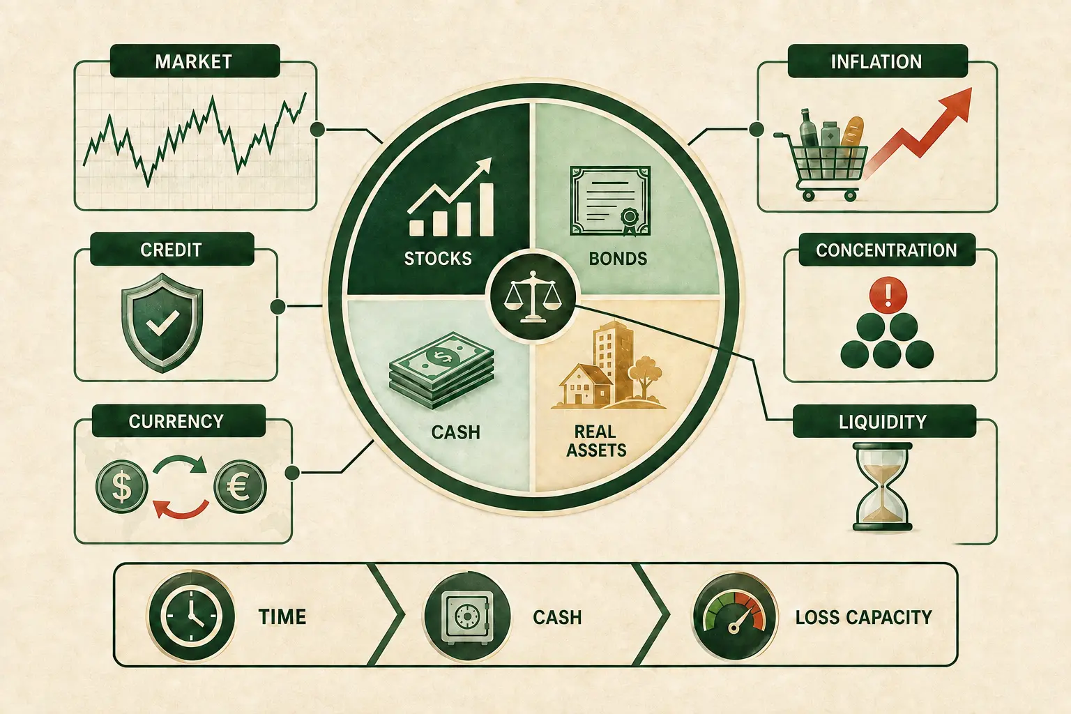 Investment risk infographic connecting currency risk to cash and showing market, inflation, credit, concentration, and liquidity risks