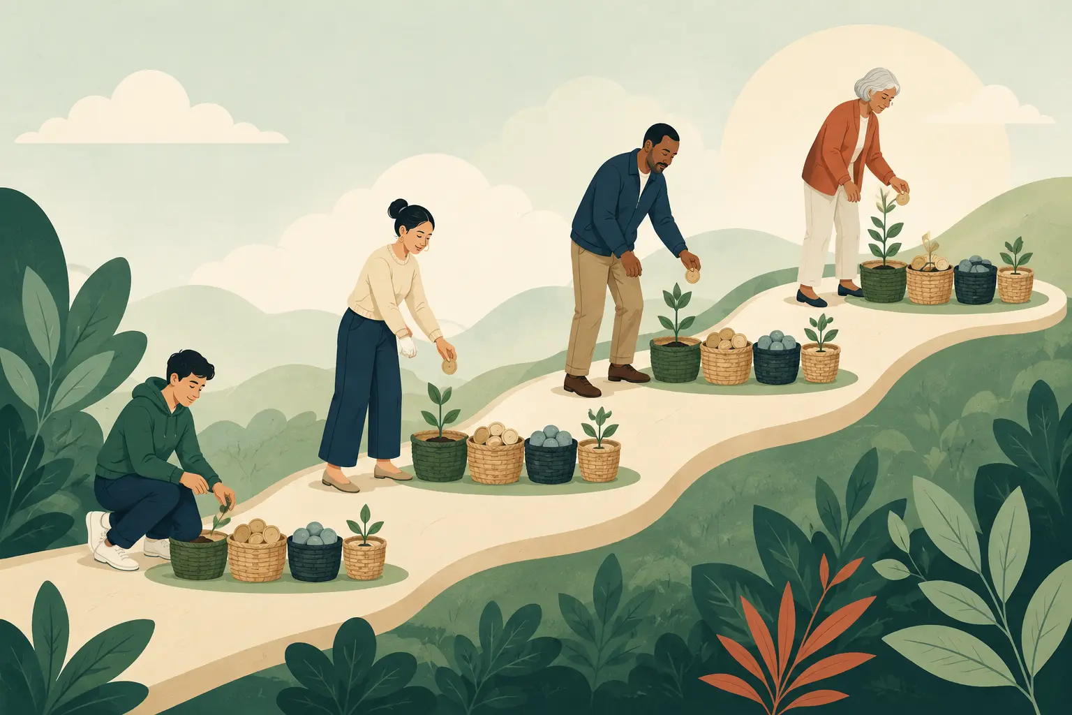 Adults at different life stages adding to diversified baskets along a rising path