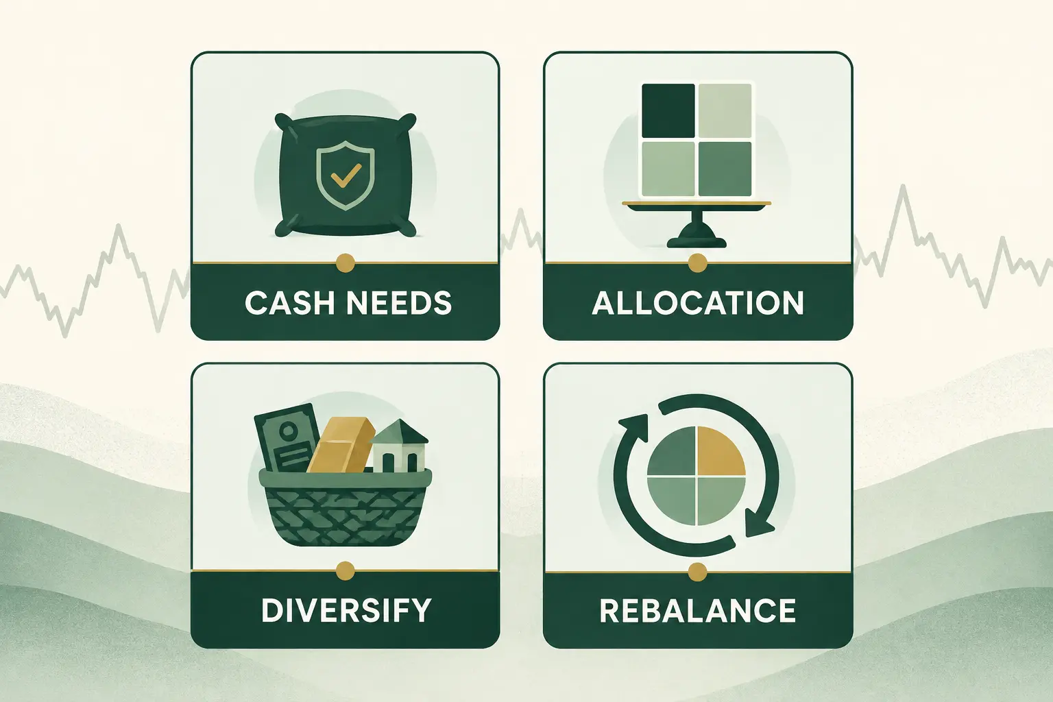 Four-part market volatility response plan showing cash needs, allocation, diversification and rebalancing