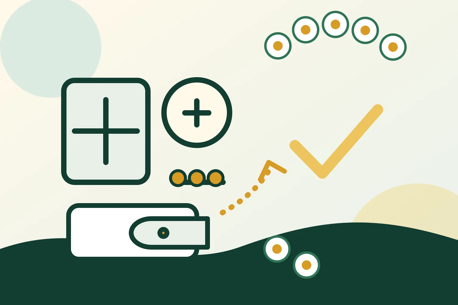 Medicare coverage checklist illustration with medical care and wallet symbols
