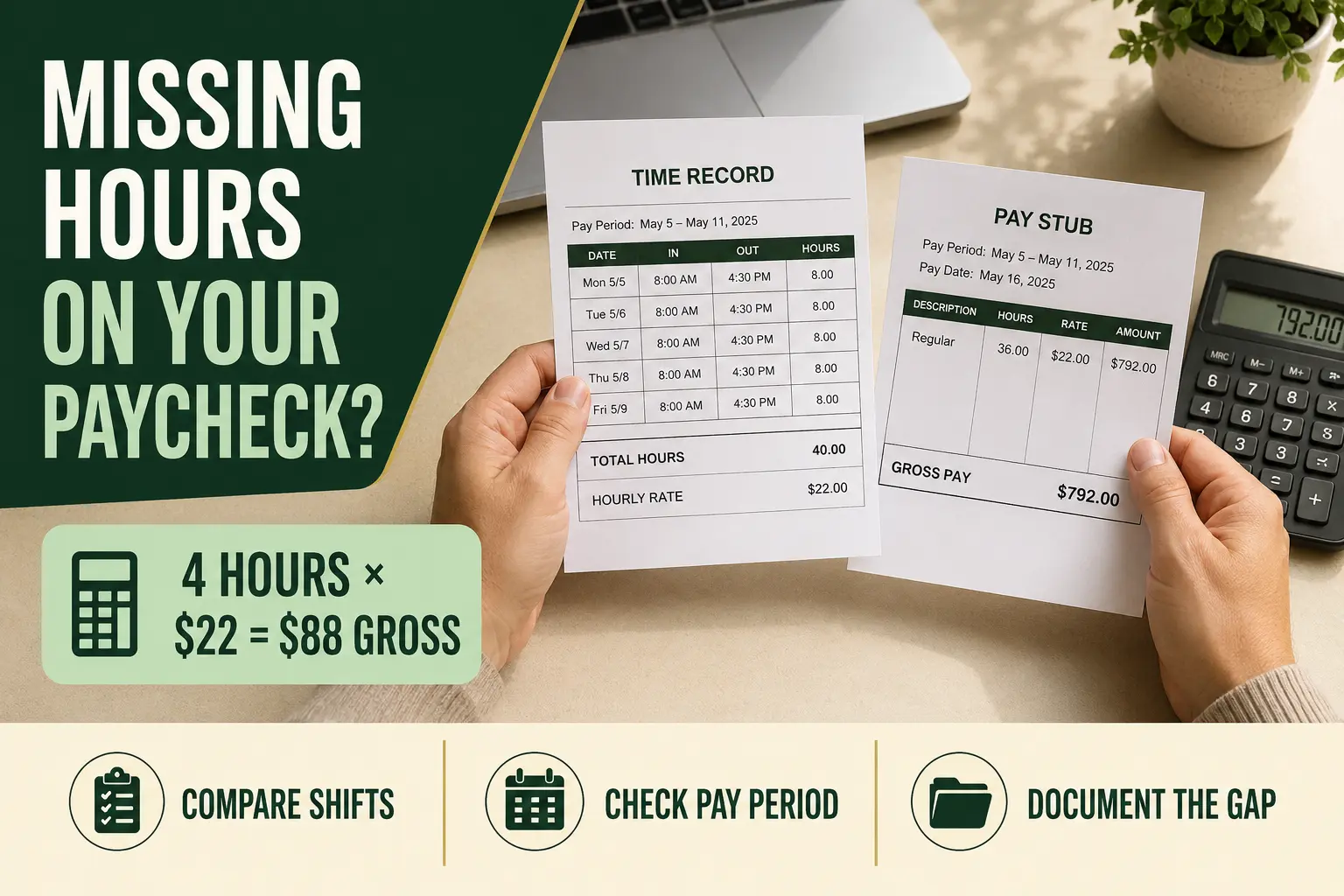Worker comparing a 40-hour time record with a pay stub showing 36 hours and an $88 gross pay shortage