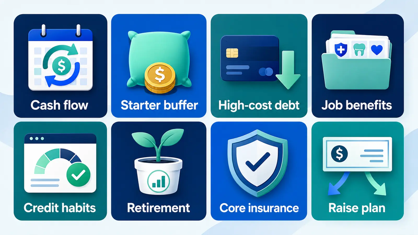MoneyBucket infographic showing eight money fixes for cash flow, savings, debt, benefits, credit, retirement, insurance, and raises.