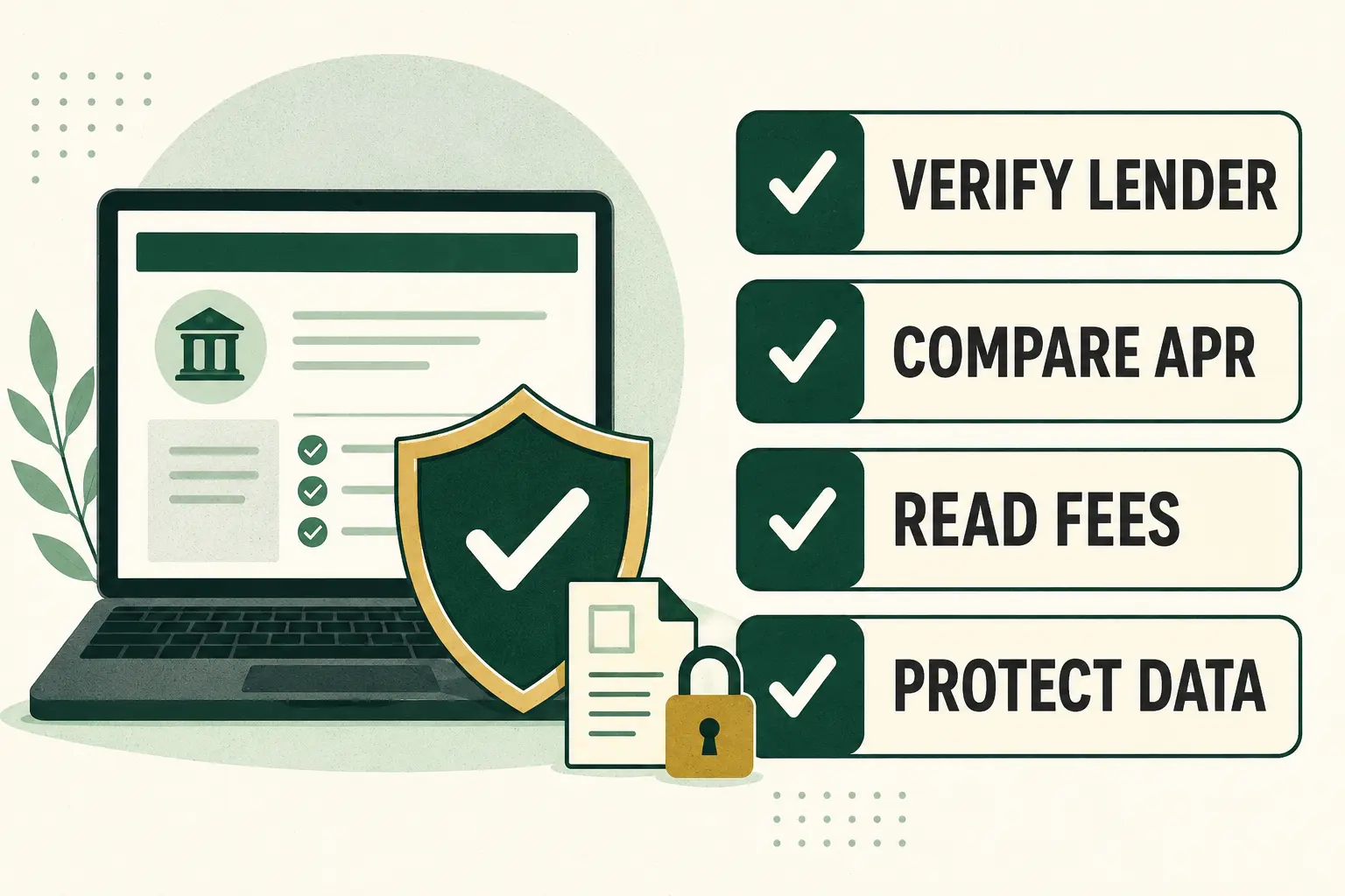 Online loan safety checklist showing verify lender, compare APR, read fees and protect data