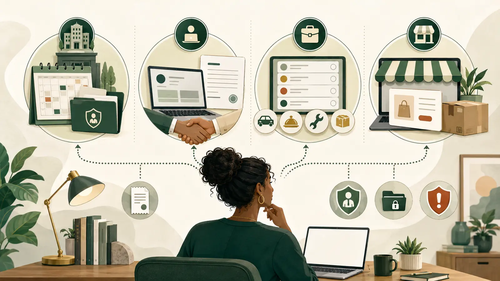 Four online work routes compared by status, costs, security, and risk