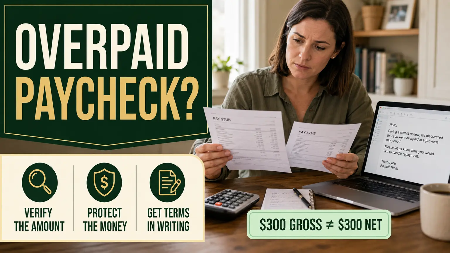 Employee comparing two pay stubs after receiving an overpaid-paycheck notice, with steps to verify the amount and get repayment terms in writing