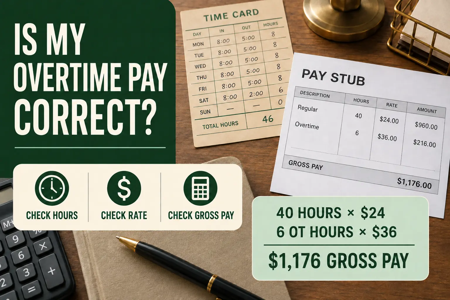 Overtime pay stub showing 46 total hours, a $24 regular rate, a $36 overtime rate, and $1,176 gross pay