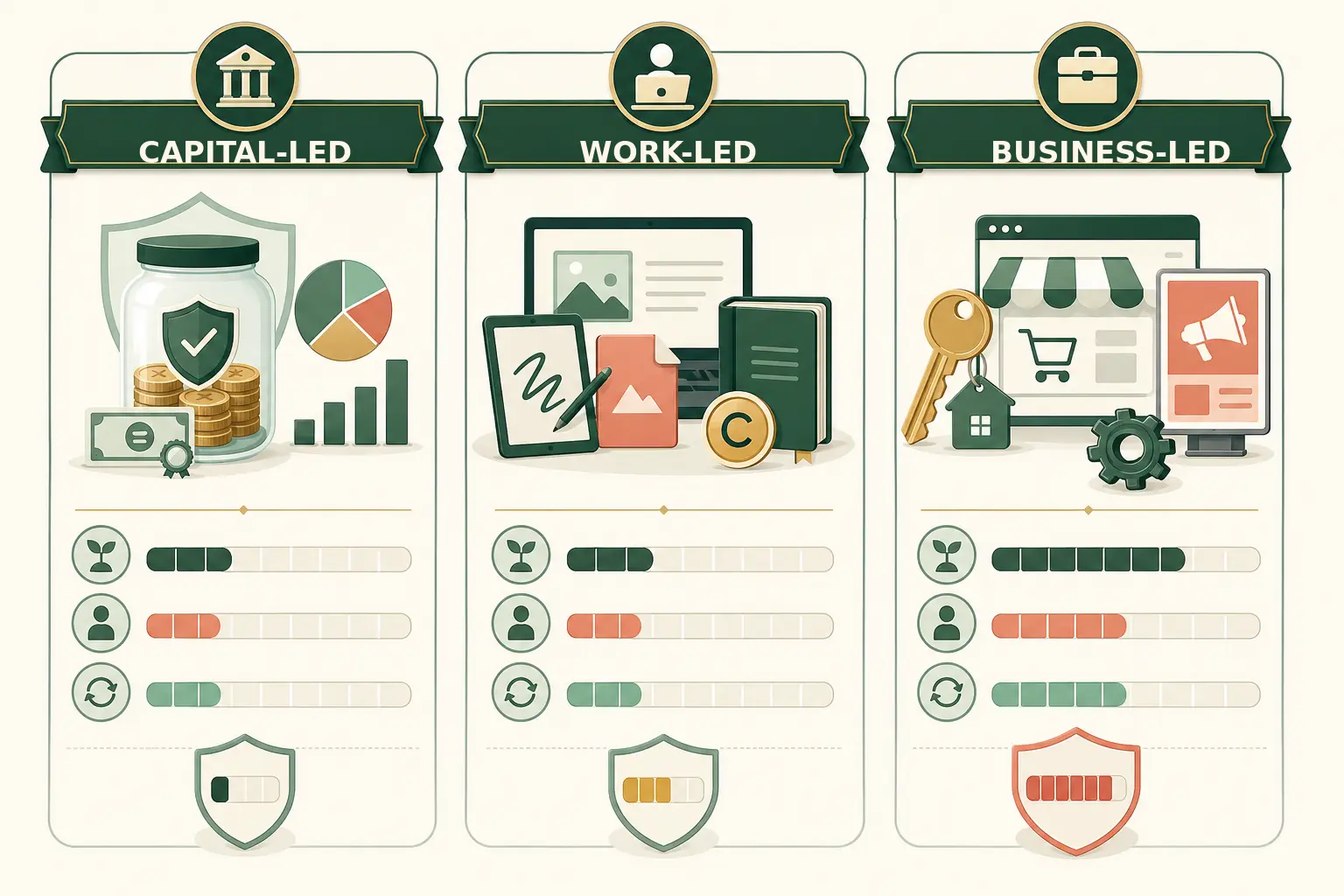 MoneyBucket passive-income spectrum comparing startup capital, upfront work, ongoing work, and financial risk