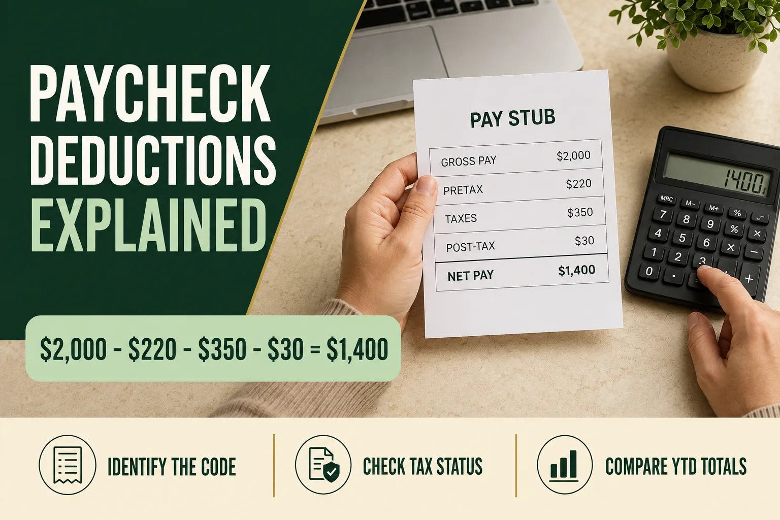 Pay stub showing a $2,000 gross paycheck, $600 in taxes and deductions, and $1,400 net pay beside a calculator