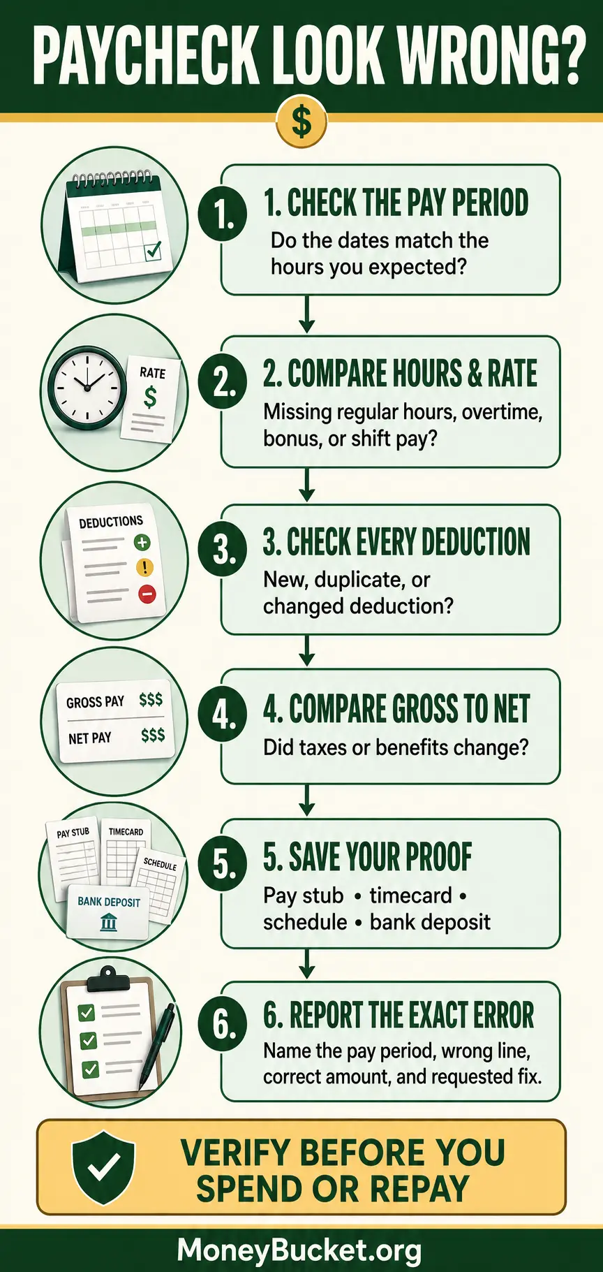 Decision tree showing how to check hours, pay rate, overtime, deductions, gross pay, and direct deposit when a paycheck looks wrong