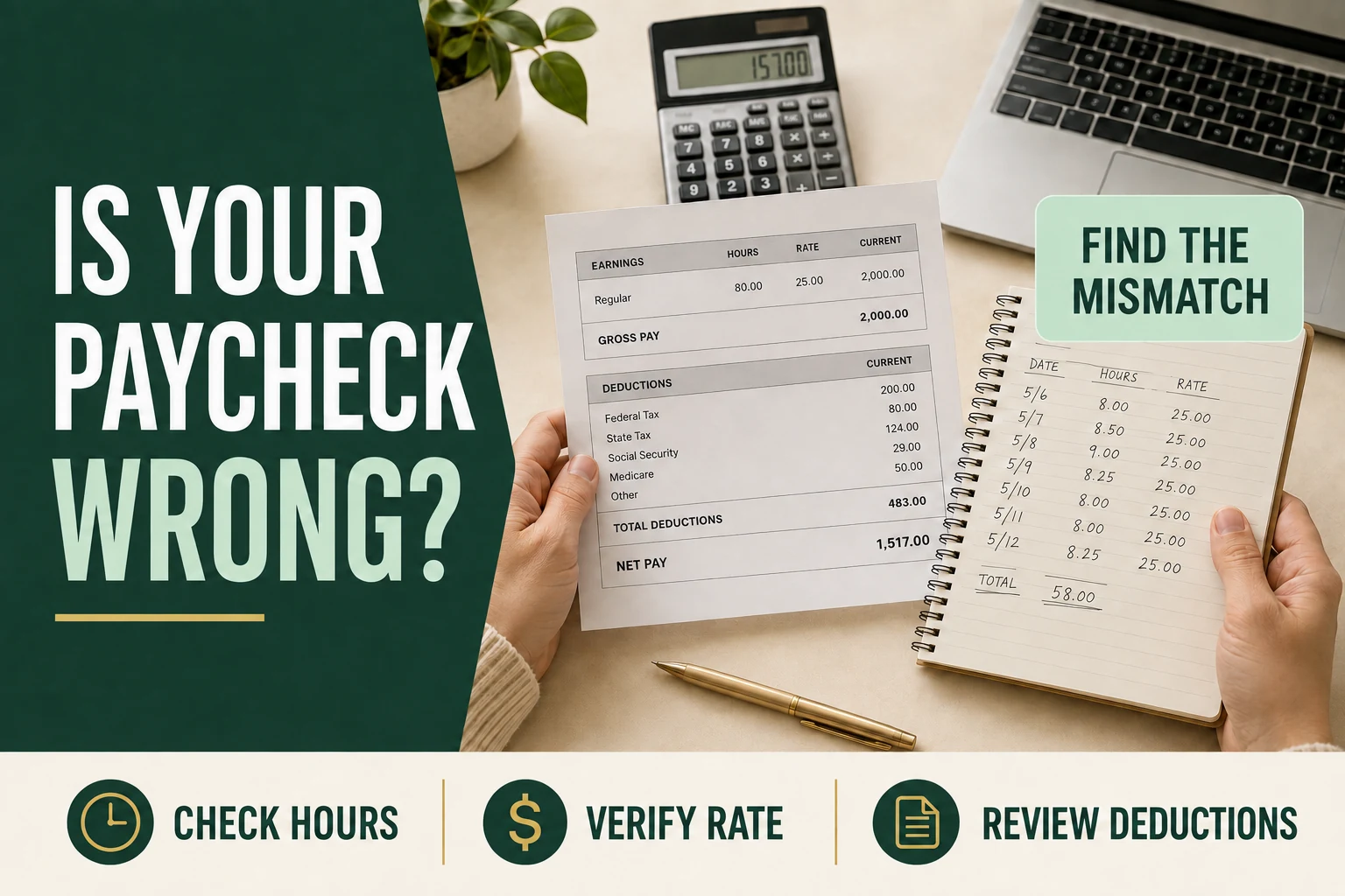 Worker comparing a pay stub and time records to find a paycheck error